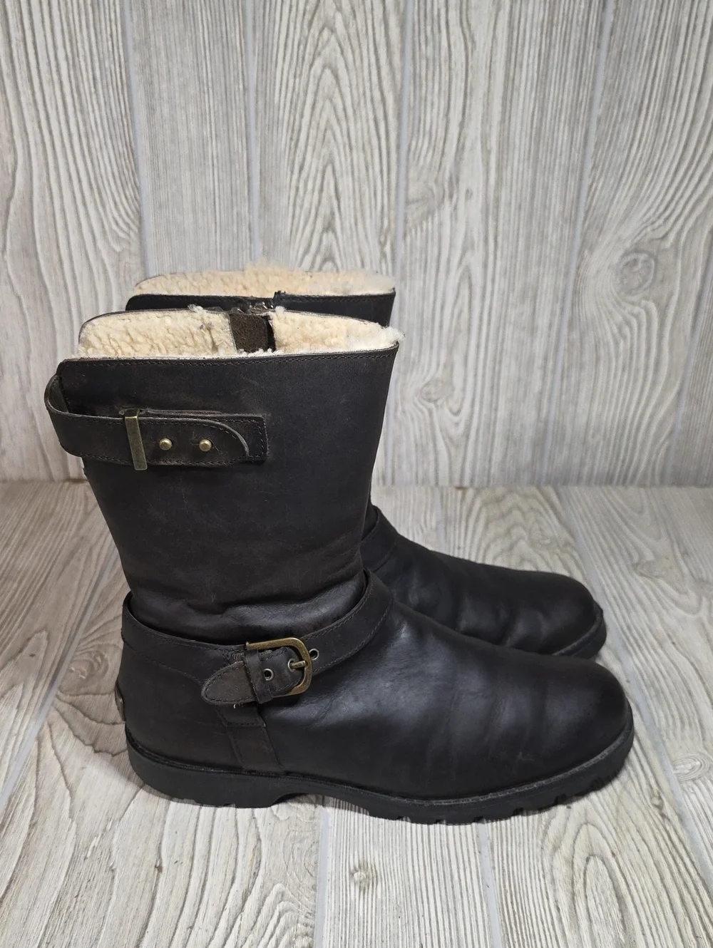 UGG Grandle Dark Brown Leather Boots With Shearling Lining Womens Size 7